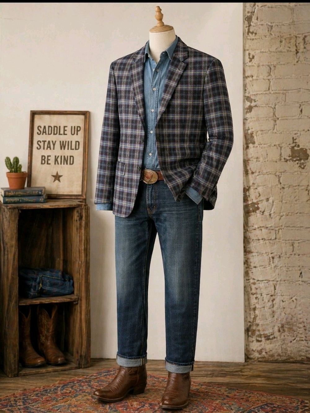 Saddlebred Plaid Sport Coat Blazer Mens 44L Blue Cotton Western Ranch Jacket